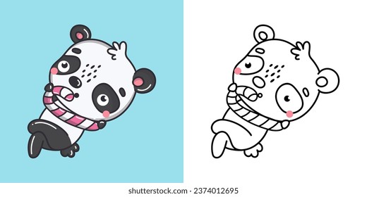 Kawaii Vector Xmas Panda Multicolored and Black and White. Beautiful Clip Art Christmas Bear. Cartoon Vector Illustration of a Kawaii Animal for New Year Stickers. 