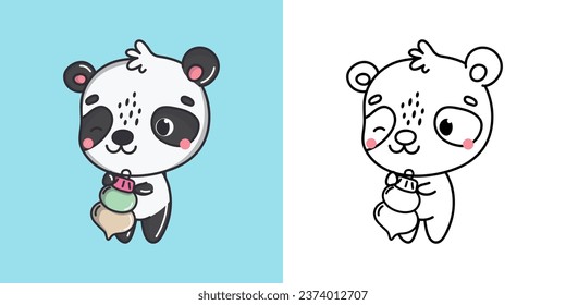 Kawaii Vector Xmas Panda Multicolored and Black and White. Beautiful Clip Art Christmas Bear. Cartoon Vector Illustration of a Kawaii Animal for New Year Stickers. 