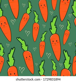 Kawaii vegetable. Carrot. Vector seamless pattern.Bright summer food illustration