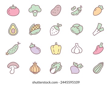 Kawaii vegetable icon set. Collection of cute hand drawn vegetable stickers isolated on a white background. Vector 10 EPS.