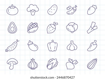 Kawaii Gemüse Icon Set. Kollektion von niedlichen handgezogenen Gemüseaufklebern auf einem karierten Hintergrund. Vektorgrafik 10 EPS.