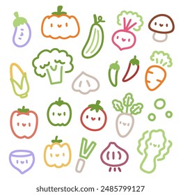 Ilustraciones de verduras Kawaii. Diseños lindos y juguetones. Adorables verduras de dibujos animados dibujadas a mano. Verduras Kawaii. Lindas Ilustraciones de comida.