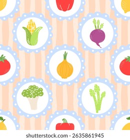 Kawaii vegetable vector Seamless pattern with cute faces, perfect for kids clothing, wrapping paper, and healthy lifestyle designs in pastel colors