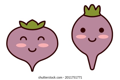 Kawaii vegetables. Cartoon rutabaga. Cute swede turnip character smiles at baby. Traditional healthy food. Fodder crop harvest. Farm clipart for garden icons. Flat vector illustration with outline.