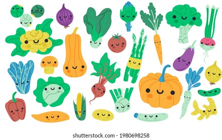Kawaii vegetables elements collection . Cute harvest characters with smiling faces isolated set. Different vegetarian funny greens for kids in cartoon design.