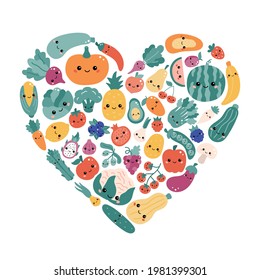 Kawaii vegetables and fruits in the shape of a heart. Healthy food concept for children. Cute cartoon food. Vector illustration.