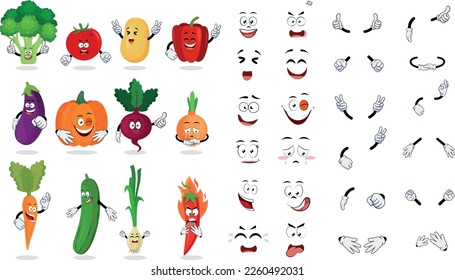 Hortalizas de Kawaii. Divertido conjunto de dibujos animados de diferentes verduras con partes del cuerpo. Calabaza sonriente, zanahoria, berenjena, pimiento picante, tomate, col, chile, cebolla, papa, remolacha, pepino, brócoli.