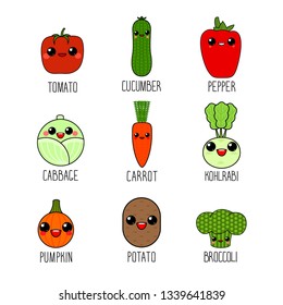Kawaii vegetables set. Potato, pumpkin, cucumber, broccoli, kohlrabi, pepper, tomato, Chinese cabbage, cabbage, carrot.