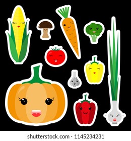 Kawaii vegetables sticker set. Icon. Vector. Flat.