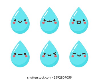 Kawaii water drop character set. Cute collection with different emotions. Vector illustration.