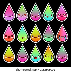 Kawaii water drops, raindrops, morning dew neon colors. Funny, cute, sweet emotions, smiles. Flat cartoon style. Element for design. Cartoon character with different face Vector icon set. EPS