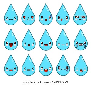 Kawaii water drops, raindrops, morning dew. Funny, cute, sweet emotions smiles Vector illustration Kawaii water drops, raindrops, morning dew. Funny, cute, sweet emotions smiles Vector illustration