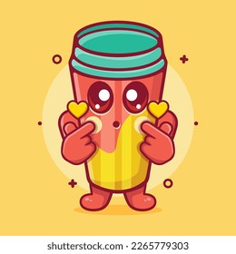 kawaii water tumbler character mascot with love sign hand gesture isolated cartoon in flat style design