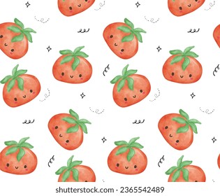 Kawaii watercolor pattern featuring cheerful smiley tomatoes on a crisp white background. Perfect for adding a touch of fun and vibrancy to your projects.