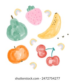 Kawaii acuarela conjunto de frutas, manzana naranja, plátano amarillo, pera verde, fresa rosa, cereza roja, arco iris, cara linda Clipart