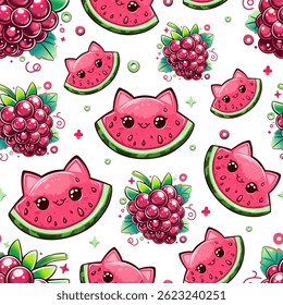 Padrão de gato de melancia Kawaii com framboesas. Padrão de frutas de desenhos animados sem costura com melancia e bagas