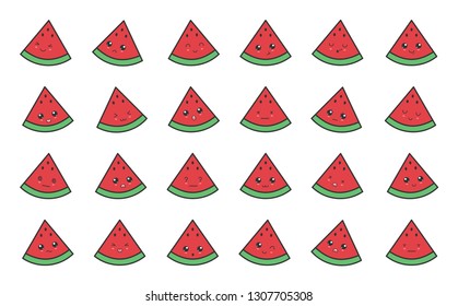 kawaii watermelon with cute black eyes. kawaii fruit with emotional faces