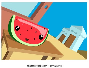 Kawaii watermelon on a table with a summer beach background. Vector Illustration