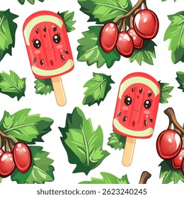 Kawaii melancia picolé e folha sem emenda padrão. Bonito Creme de Gelo de Melancia e Fundo de Vetor de Berries Vermelho