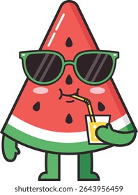 Kawaii Watermelon Slice Character Sipping Juice with Sunglasses – Summer Fruit Vector