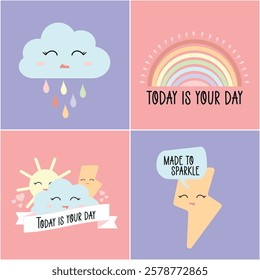 Kawaii Weather Clipart | Cute Sun, Cloud, Rainbow Graphics. Brighten up your designs with this adorable pastel weather clipart set!