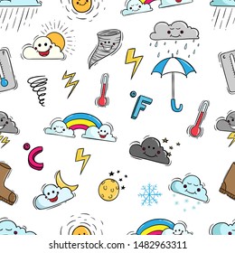 Kawaii Weather Elements in Seamless Pattern With Doodle Style