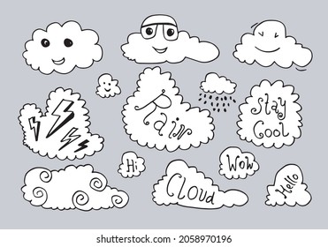 Icono de pronóstico del tiempo en Kawaii. Nube vectorial dibujada a mano. con la escritura divertida, mantente fresco, guau y hola. Nubes aisladas en un fondo blanco y gris. Ilustración vectorial.