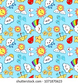 Kawaii weather icons. Colored vector seamless pattern on blue background Flat design Vector Illustration EPS