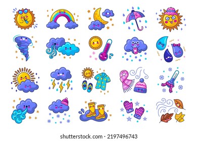 Kawaii weather icons set isolated on white background. Vector illustration of sun, rain, storm, snow, wind, moon, rainbow, umbrella and other in cartoon simple flat style. Cute characters