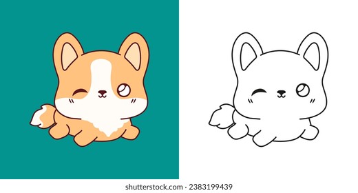 Kawaii Welsh Corgi Puppy Clipart Multicolored and Black and White. Cute Kawaii Baby Dog. Isolated Vector Illustration of a Kawaii Pet for Prints for Clothes, Stickers, Baby Shower. 