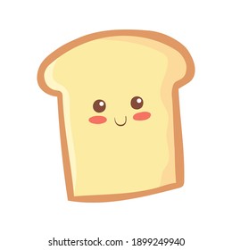 Kawaii Wheat Bread character isolated on white background. Cute funny smiling food mascot for children menu, package, bakery, card, print. Adorable breakfast element. Hand drawn toast concept for kids