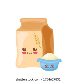 Carácter vector harina de trigo Kawaii aislado sobre fondo blanco. Divertido paquete de papel sonriente con cuenco. Cuta ilustración de la mascota de la comida. El concepto de menú infantil. Decoración para postal, cartel. 