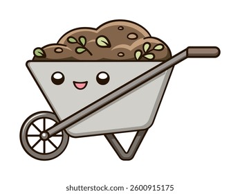 Kawaii wheelbarrow with dirt soil cute cartoon illustration. Gardening farming agriculture clipart.