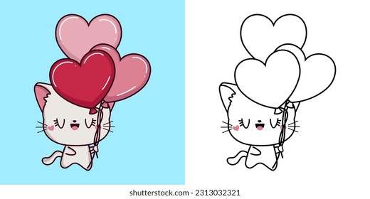 Kawaii White Cat Clipart Multicolored and Black and White. Cute Kawaii Cat. Vector Illustration of a Kawaii Animal for Stickers, Prints for Clothes, Baby Shower, Coloring Pages.
