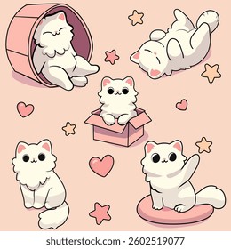 Kawaii white cat in different poses.