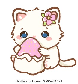 kawaii white cat is holding a giant strawberry daifuku Hand drawn illustration cherry blossoms Sakura pastel color isolated on transparent background, nursery decorations, spring