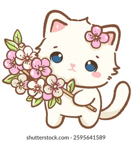 kawaii white cat is holding a sakura bouquet Hand drawn illustration cherry blossoms Sakura pastel color isolated on transparent background, nursery decorations, spring