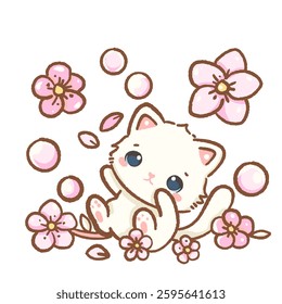 kawaii white cat is playing with sakura petals Hand drawn illustration cherry blossoms Sakura pastel color isolated on transparent background, nursery decorations, spring