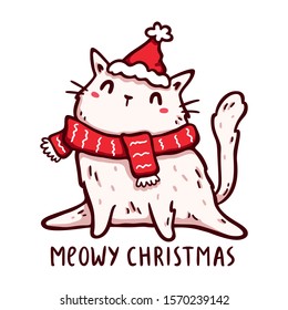 Kawaii white cat in a red santa hat and scarf looking cheerful and festive, Meowy Christmas lettering. Design for print (greeting card, sticker, t-shirt, poster). Isolated on white background.