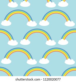 Kawaii white clouds, rainbow. Seamless pattern on blue background. Can be used for fabrics, wallpapers, websites. Vector