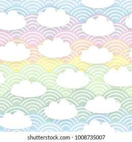 Kawaii white clouds Seamless pattern on blue mint orange pink lilac japanese wave rainbow background. Vector
