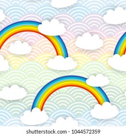Kawaii white clouds Seamless pattern on blue mint orange pink lilac japanese wave rainbow background. Vector