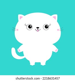 Kawaii white fat standing cat. Cartoon funny character. Cute kitten baby animal. Love Greeting card. Black silhouette sticker. Flat design. Happy Valentines Day. Blue background. Isolated. Vector