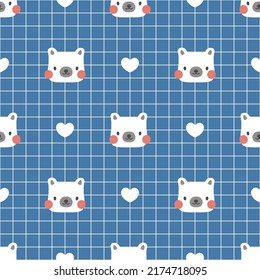 Kawaii white hand drawn polar bear face on a blue grid background. Kids woodland animals seamless pattern motif for wrapping paper, fabric and textile print