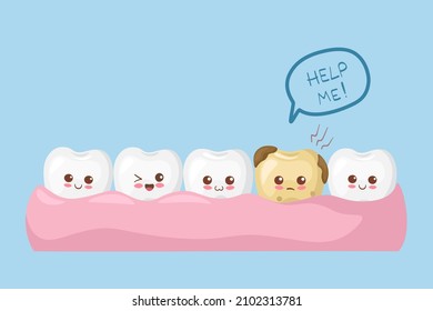 Ilustración vectorial de dientes blancos de Kawaii. Dientes sanos en encías y dolor de dientes con caries. Personajes de dibujos animados. Uso para el tratamiento, higiene bucal, póster de cuidado dental, cuidado de dientes, impresión infantil.