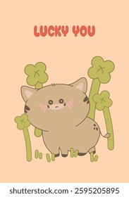 Kawaii wild boar with lucky clovers. Cute baby boar standing among shamrocks in a cheerful forest scene. Adorable nursery illustration for kids prints, greeting cards, posters. Vector illustration