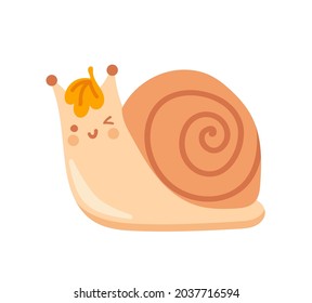 Kawaii winking snail with smiling face. Cute cartoon woodland character, forest animal. Hello fall, autumn concept. Hand-drawn vector isolated illustration.