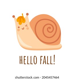 Kawaii winking snail with smiling face. Cute cartoon woodland character, forest animal. Hello fall, autumn concept. Hand-drawn vector isolated illustration.