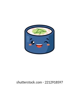 Kawaii winking sushi roll cartoon style, vector illustration isolated on white background. Cute character, traditional Japanese food, design element for print or web