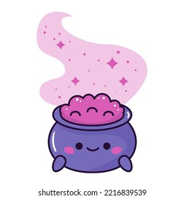 Kawaii witch cauldron with pink potion on white background. Cartoon vector character. Halloween sticker. Cauldron with cute face. Vector illustration.